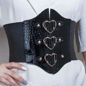 Black Leather Silver Heart Corset Belt